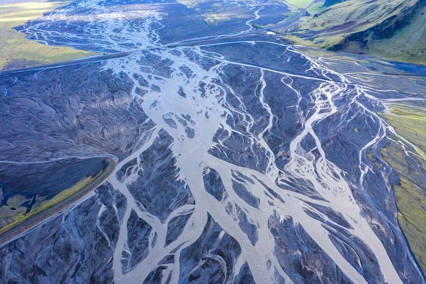 Aerial drone view of a huge riverbed, Iceland